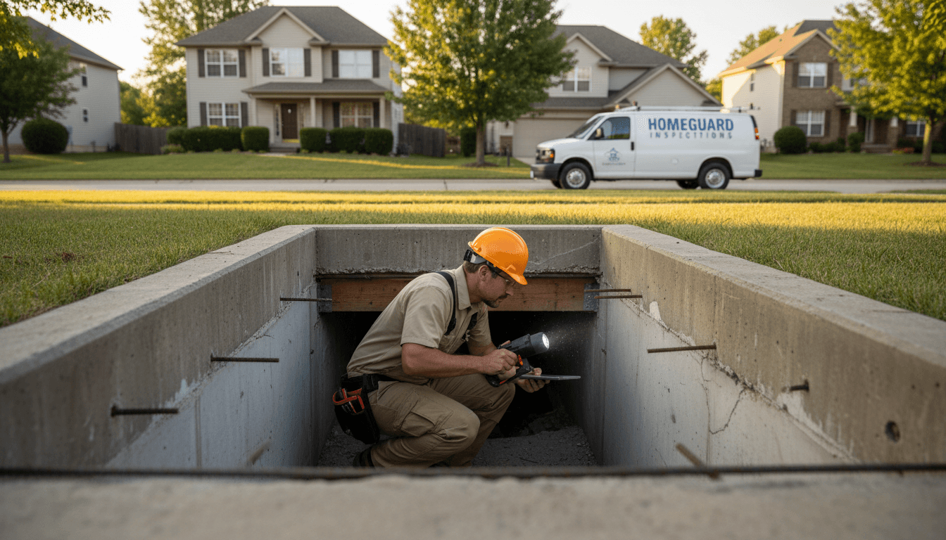 Property inspector examining a house's foundation