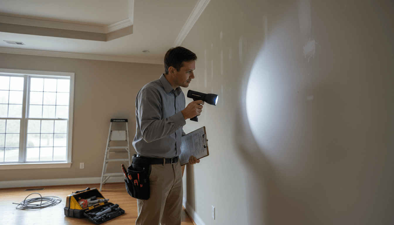 Inspector examining an interior wall with a flashlight