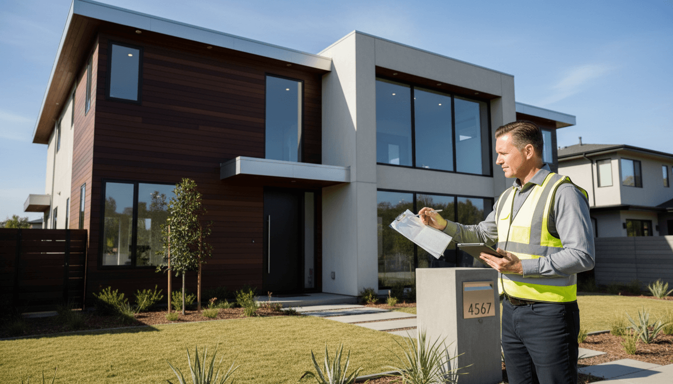 Inspector reviewing notes in front of a home