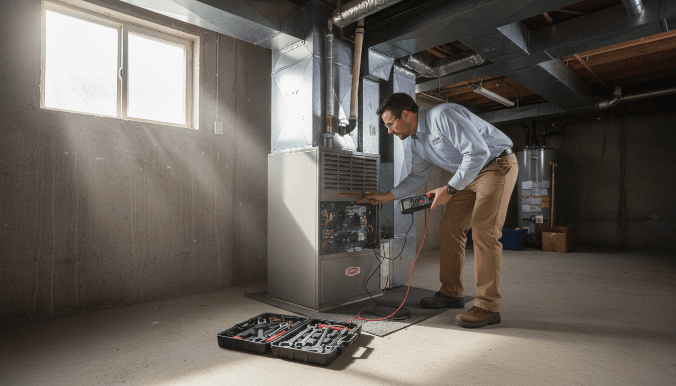Inspector reviewing a commercial storefront's heating unit and ductwork