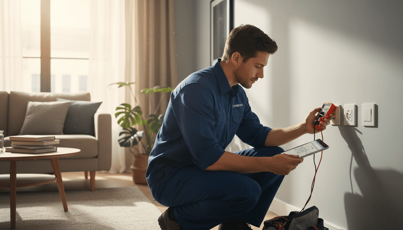 Inspector checking the electrical panel in a modern downtown condo
