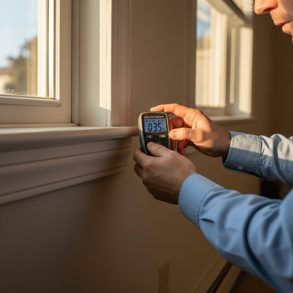 Home inspector checking a wall with a flashlight