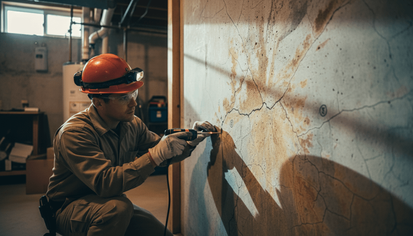 Inspector checking a townhome basement foundation for visible cracks
