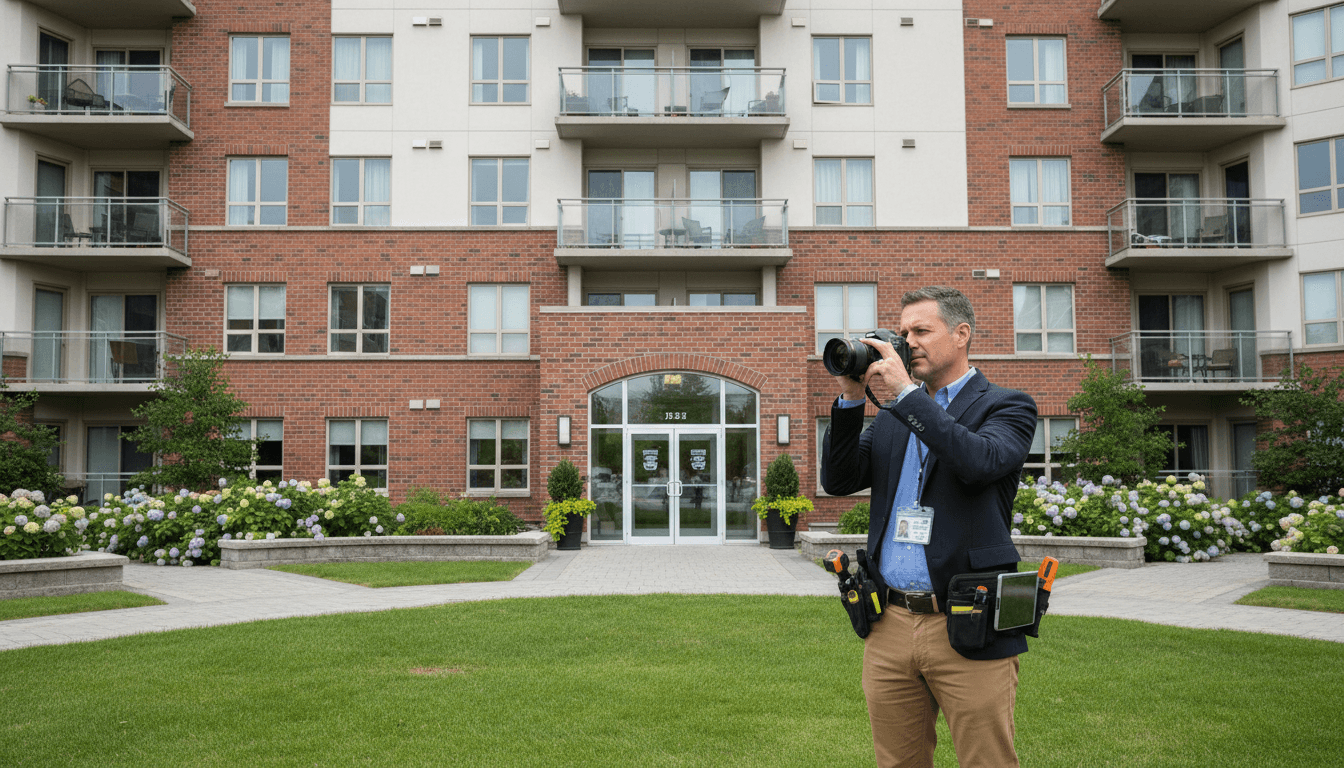 Property inspector examining a residential building exterior