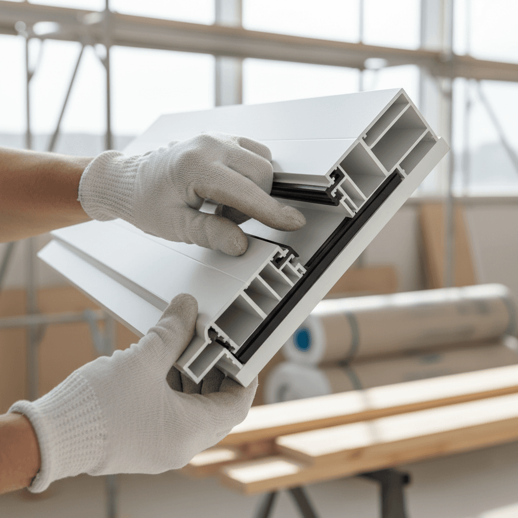 Professional home inspector examining a window frame