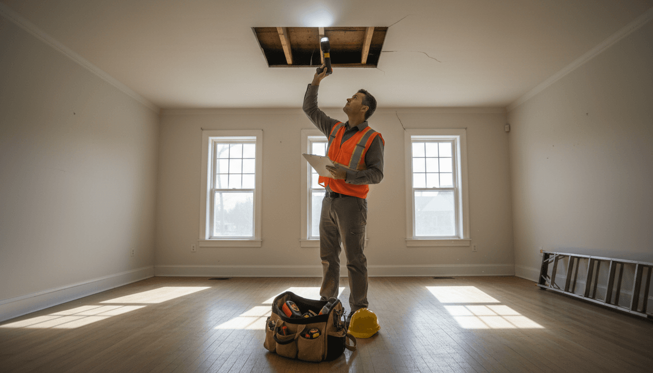 Home inspector in professional clothing evaluating a property with a clipboard in a residential area