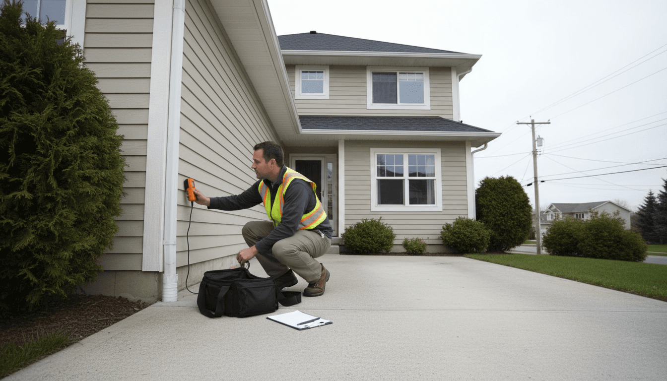 Inspector taking notes in front of a two-storey detached house