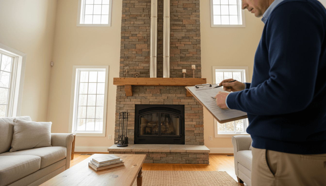 Inspector with clipboard examining an interior wall in a bright living room