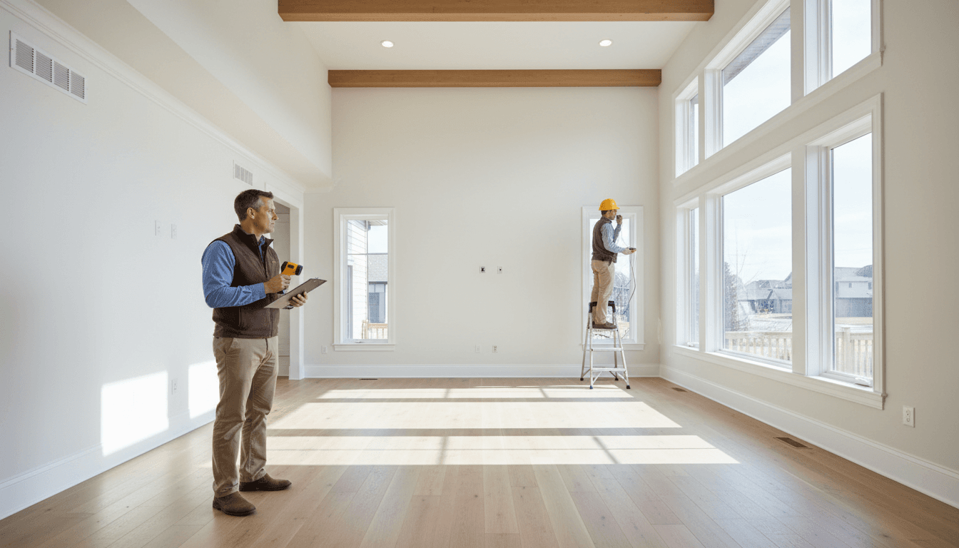 Professional home inspector examining a room in a modern house